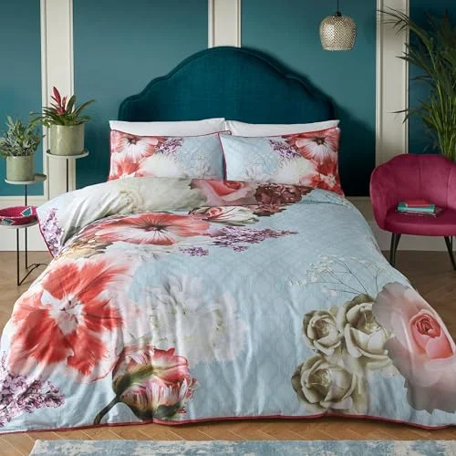 Laurence Llewelyn Bowen kungligt blommigt påslakan King Bedding Size (230 x 220 cm) mjuk 100% bomull 2 örngott lyxigt bäddset med blommor blått Mayfair Lady 5056387790824
