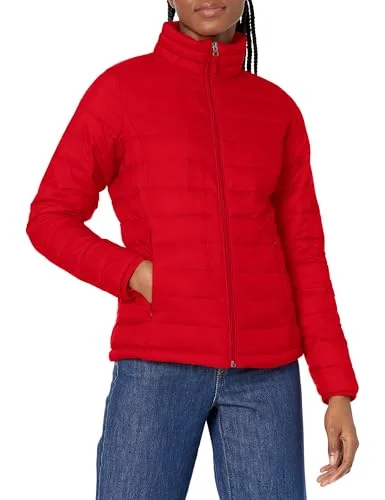 Amazon Essentials lättviktig långärmad vattentät packbar pufferjacka för kvinnor (finns i plusstorlek), röd, stor 191770675113