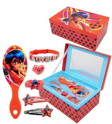 Joytoy Miraculous smyckeskrin med tillbehör: 2 hårspännen, 1 ring, fläthållare, armband, hårborste 18 x 11,5 7 cm 8052780426565