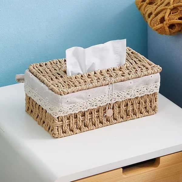 1 ST (20x14x10cm) Rektangulär Vävd Pappershållare i Rattan OAN-010072