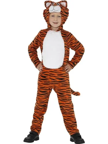 Smiffys Tigerkostym, orange och svart med huva overall svans, barn djur maskeradklänning, utklädnad 5020570267806