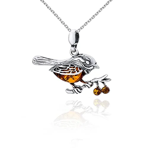 AMBEDORA Damhalsband Amber Sparrow, Oxiderat Sterlingsilver, Baltisk Bärnsten i Konjaksfärg, Silverhänge med Kedja 5903707531547