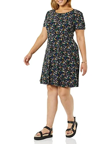 Amazon Essentials kortärmad damklänning med rund hals (finns i plusstorlek), svart Ditsy blommig, Large 196433526146