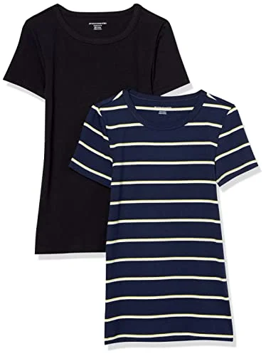 Amazon Essentials Women's Kortärmad T shirt med rund hals smal passform, Pack of 2, Marinblå Horisontell rand/Svart, XL 196433207229