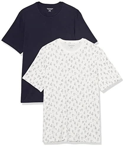 Amazon Essentials herr normal passform kortärmad rund hals t shirt, paket med 2, marinblå/vit båttryck, X Large 196433602871