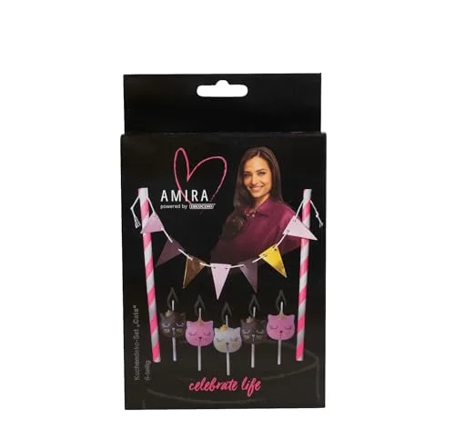 AMIRA drivs av decocino tårtdekorationsset katter 6 delar perfekt för födelsedag, fest, barns JGA, ljus, katt, rosa, vit, vimpel 4250448352124
