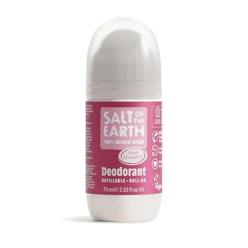 Natural Deodorant Roll On by Salt of the Earth, Sweet Strawberry Refillable, Vegan, Long Lasting Protection, Leaping Bunny Approved, Made in UK 75ml 5025452001929