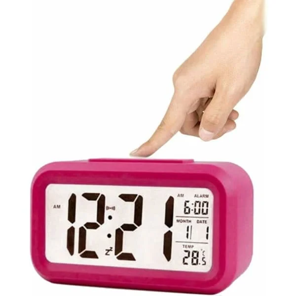 1 st digital väckarklocka tyst lysande klocka med datum temperatur tid snooze sensor (rosa) AQ-79897