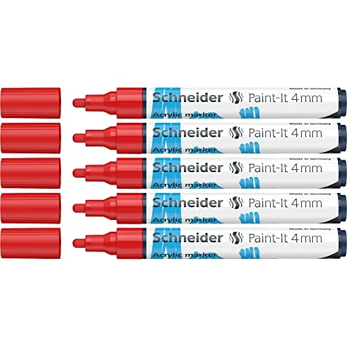Schneider Paint It akrylpennor (med 4 mm rund spets, högtäckande akrylfärger för trä, duk, sten och mycket mer .) 5 pack, röd 4004675144805