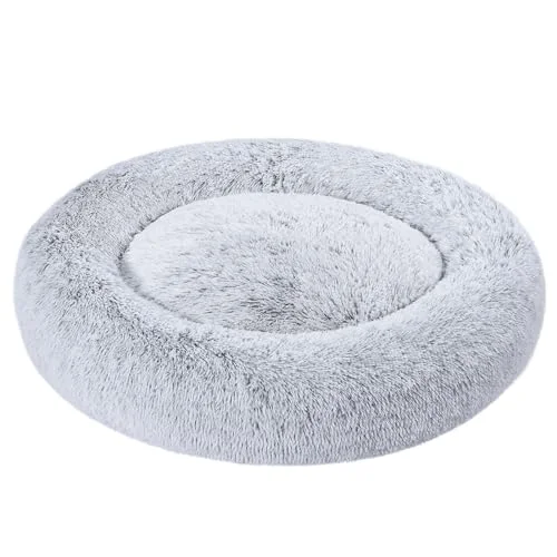 Amazon Basics mjuk hundbädd, donutkudde, fuskpäls, maskintvättbar, 91cm, grå 840324414882