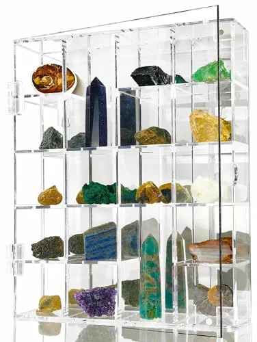 Akryl display fodral justerbar klar sten skugglåda med hyllor förvaring organiserare för mini pop figur, samlarföremål, mineralkristall, stenar, väggmonterbar, spegel och lock 749824583077