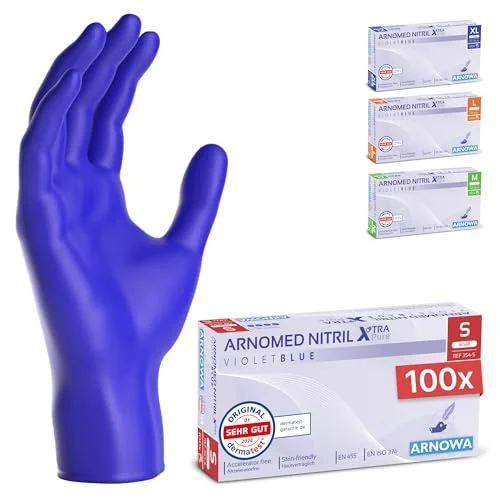 100x ARNOMED engångshandskar L, nitrilhandskar acceleratorfria, latexfria, i violettblått, allergivänliga gummihandskar, S, M, XL 4260597526826