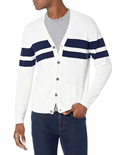 Amazon Essentials Men's Cardigan tröja i bomull, Marinblå Vit Rugbyrand, XXL 195111227740