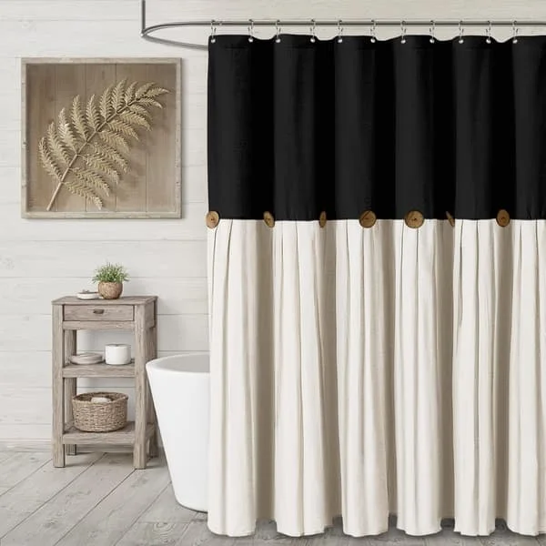 1 Duschdraperi i Linne med Knappar – 91 × 183 cm – Lämplig för Badrumsinredning i Lantlig Stil – Svart och Beige Lappteknik 2618Q4989 1 Duschdraperi i Linne med Knappar – 91 × 183 cm – Lämplig för Badrumsinredning i Lantlig Stil – Svart och Beige Lappteknik 2618Q4989