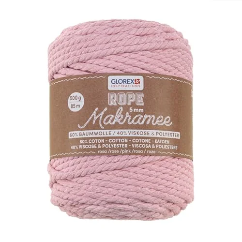 GLOREX 5 1007 20 makramérep mm, 500 g, rosa, längd 85 m, supermjukt textilgarn av 60% bomull, 40% viskos, för virkning, stickning, knytning och textildesign 7610877599816