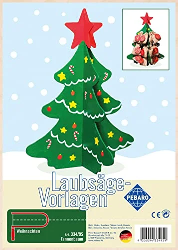 Pebaro 334/9S Bladsågsmall, julgran, 3 mm plywood DIN A 4, motiv förtryckt, sågning med lövsåg, hantverk, målning, färdigt, hantverk trä, presentidé, juldekoration 4006094334959