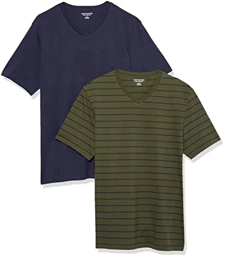 Amazon Essentials kortärmad v ringad t shirt för män (finns i stor och lång), 2 pack, marinblå/oliv/rand, Small 196433604929