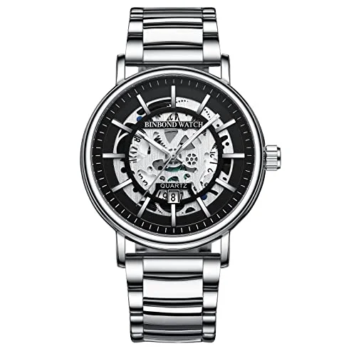 Avaner armbandsur herrklocka med mekanisk urtavla kalender vattentät klocka herrklockor rostfritt stål analog kvartsklocka för män, silver, Armband 6975033408939
