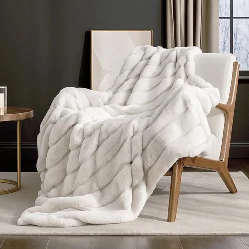 Mysig Bliss lyxig supermjuk randig fuskpäls filt för soffan, 127 cm x 152 beige, varm mjölkig plyschfilt bäddsoffa vardagsrum sovrum (randig beige) 778716537911