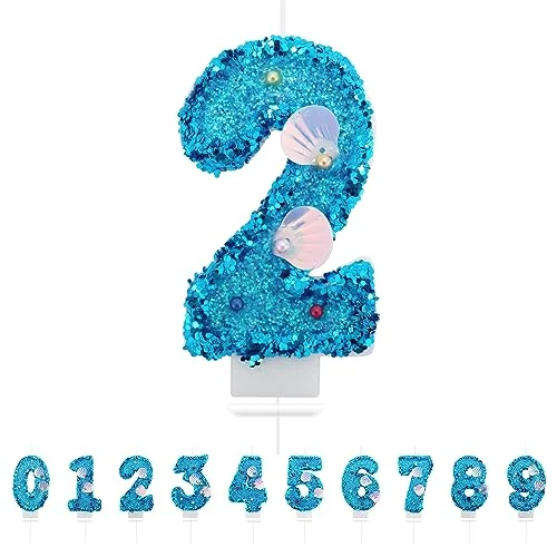 2 års födelsedagsljus, 3D sjöjungfrusljus, nummer blå födelsedagsljus tårta ljusdekoration, lämplig för födelsedagsfester babyparty 727567571315