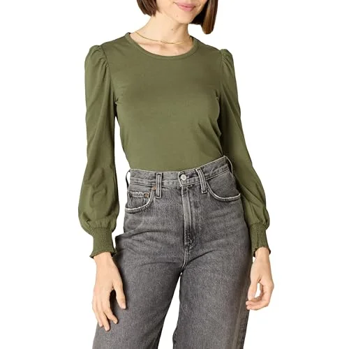 Amazon Essentials dam långärmad rund hals smockad manschett t shirt, oliv, X Small 195111708874