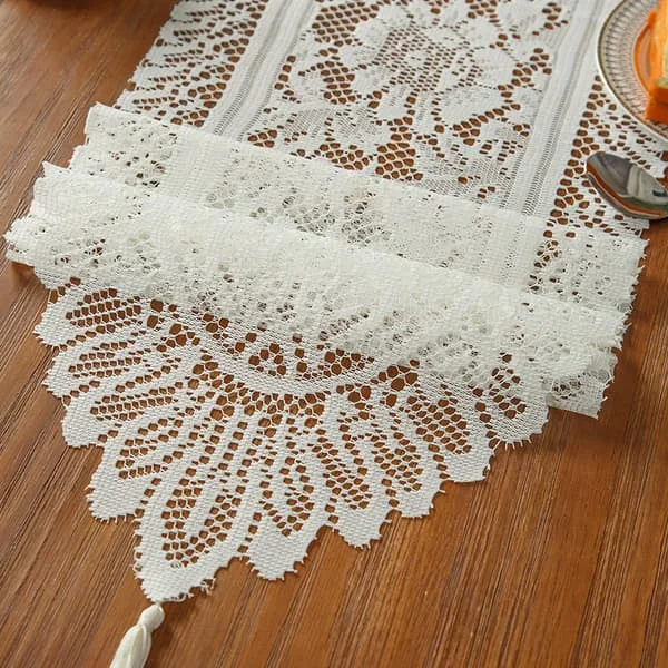 1-pack rektangulär bordslöpare i virkad bomullsspets, byråscarf, spetsdukar (beige, med tofsar) 250821xchfd2506
