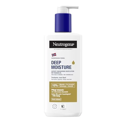 Neutrogena Norsk formel Deep Moisture Body lotion (250 ml), omedelbart absorberande kroppslotion för 72h fukt, icke fet med glycerin, Pro ceramider & mandelolja torr, grov hud 3574661751610