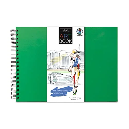 Ursus 25310058 Art Book svart, 200 g/kvm med stabil spiralbindning, vattenavvisande hårt skal i gräsgrönt, skyddar konstverk och textningsskisser 4008525250685