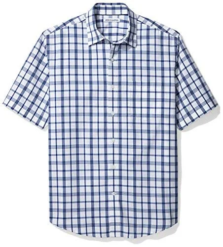 Amazon Essentials Men's Kortärmad poplinskjorta med normal passform, Mörkblå Vit Rutig, S 191770005859