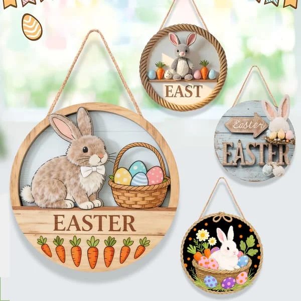 1-pack 30*30*0,5 cm påskrund dörrskylt i trä med kanin- och äggdesign LS-26305-31
