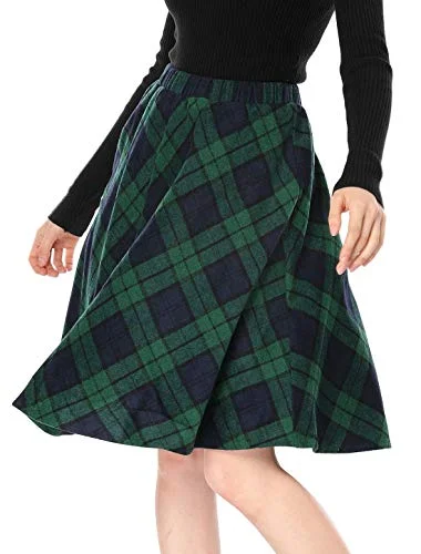 Allegra K Dam julplädar vintage tartan elastisk midja knälång A linje kjol, gRÖN, L 709874493627