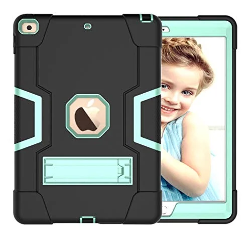 iPad mini4/5 generation fodral med stativ, hållbar tung stöttålig säker hård hybrid tre lager skyddande lock surfplatta silikonfodral (svart + aqua 755985092044