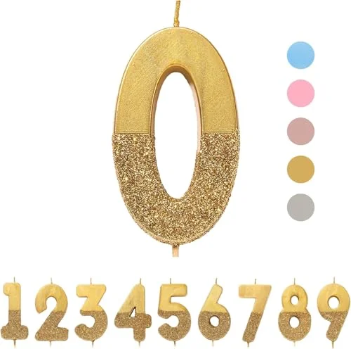 Födelsedagsljus nummer 0 guld med paljetter Premium tårtdekoration vacker, glittrande för barn, vuxna, 10:e, 20:e, 50:e, 80:e fest, födelsedag, milstolpe ålder 5052715103816