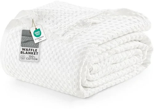Utopia Sängkläder Bomullsvåffelfilt 300 GSM (Vit -228x228 cm ), mjukt, lätt, andningsbart täcke för alla årstider. 840143524076