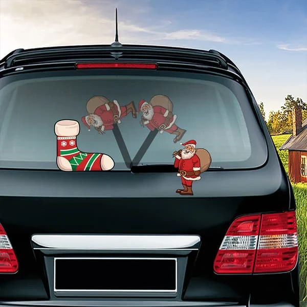 (1 förpackning) Santa Claus torkarblad klistermärke avtagbar bil vindruta klistermärke bil klistermärke (Santa Claus insvept i julstrumpor och ryggsäckar) SWZ-WSM-PHV6ENWDAG