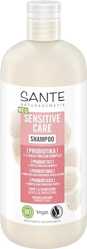 SANTE Naturkosmetik Sensitive Care Shampoo Probiotika 3 faldigt proteinkomplex, veganskt hårschampo för förstärkt och fuktförsörjt hår, lämpligt känslig hårbotten, 500 ml 4055297221221