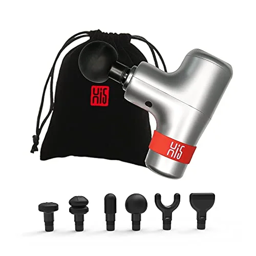 Hi5 Allmän vibrationsmassageapparat djup vävnad massagepistol för bantning efter sport nacke axlar rygg avslappning lugn drift 6 massagehuvuden silver med sammetspåse 841930146853