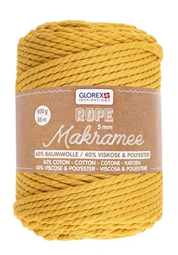 GLOREX 5 1007 17 makramérope, 500 g, mm, längd 85 m, senapsgul, trippelvridet bomullsgarn, 60% bomull, 40% viskos och polyester, för virkning, stickning, knytning formning 7610877581828
