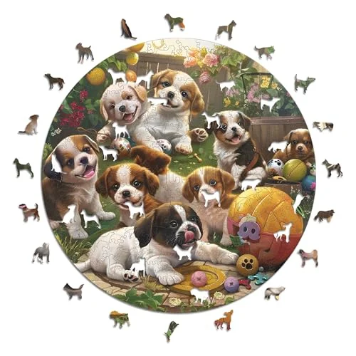 Iconic Puzzles Hundar i trädgården, 100% hållbart träpussel, gåvor för barn och vuxna, storlek M, 350 stycken 806812407224