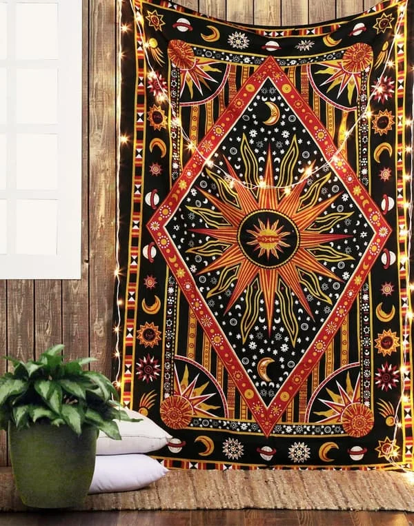 1 st Bomulls Sol Måne Väggbonad 213x137cm Hippie Mandala Etnisk FD13-8377