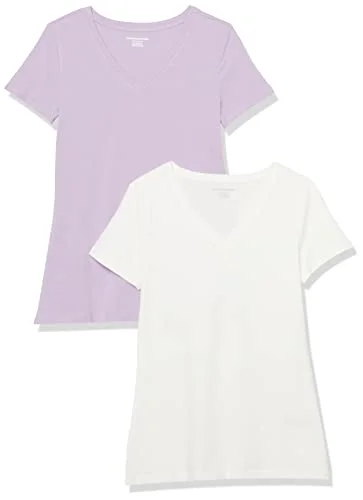 Amazon Essentials Women's Kortärmad V ringad T shirt klassisk passform, Pack of 2, Pastellila/Vit, XS 196433846930