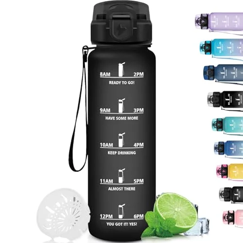 Grsta 1 liters vattenflaska, läckagefri, motiverande vattenflaska med tidsskala, för att dricka, lätt rengöra, sport, fitness, vandring, cykling, svart 602397325904