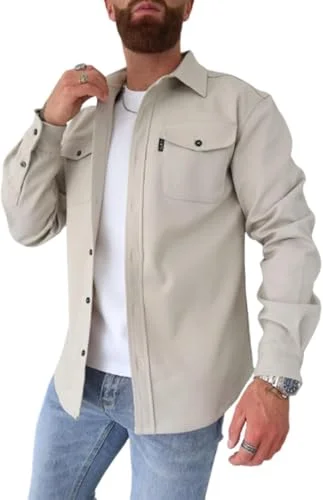 ArknAv B button down skjortjacka, för män, ledig ungdoms herrskjorta, Beige, XL 4851623398472