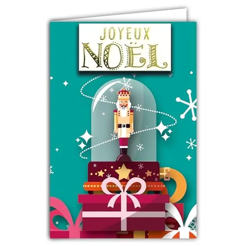 God jul kort glänsande textrelief collage med kuvert 12 x 17,5 cm nötknäpparen prins kung av trä speldosa gåvor stjärnor flingor illustration bästa hälsningar slutet året 3700676655630