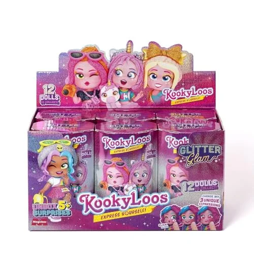KookyLoos Glitter Glam Series Box med 6 samlingsbara dockor modeaccessoarer, kläder, skor och leksaker, 3 roliga uttryck. A version 8431618026526
