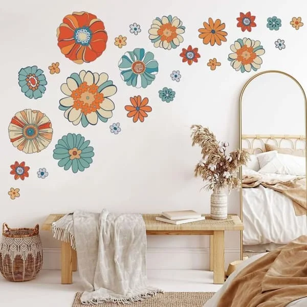 1 Set Bohemisk Blomma Retro Väggklistermärken Stora Vintage Blommor Färgglada Blomväggdekaler för Vuxna Vardagsrum Sovrum Hemmakontor ZYT-Q-521-918