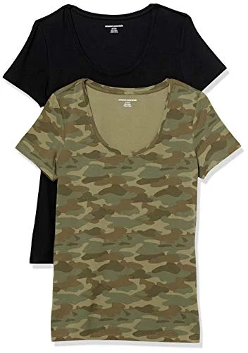 Amazon Essentials dam klassisk passform kortärmad rund hals t shirt (finns i plusstorlek), 2 pack, svart/grön kamouflage, X Large 194223877782