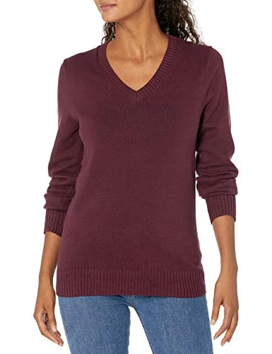 Amazon Essentials Women's Långärmad V ringad tröja i 100% bomull, Vinröd, XL 195111228754