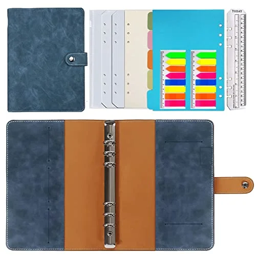 Anteckningsbok i läder, A5, PU påfyllningsbar anteckningsbok, ringbok A5 dagbok, prickat papper, äkta innerfickor för researbete och arrangör, present till flickor, pojkar (blå 23 x 17 716695200556