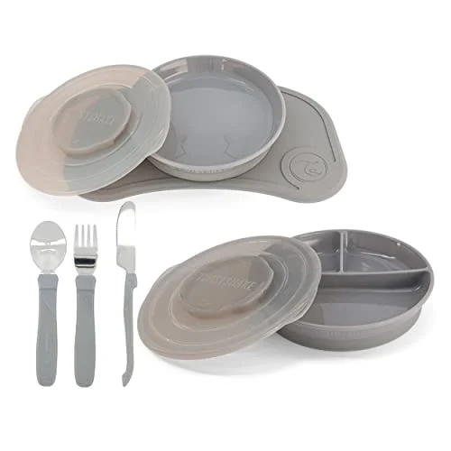 Twistshake Babyservis set 6 Delar 1x Baby Silikon Bordstablett Kid Tallrik Delad 3x Rostfritt Stål Lär dig Bestick Babymiddagsset Porslin för Avvänjning 6m+ Grå 7350083129727